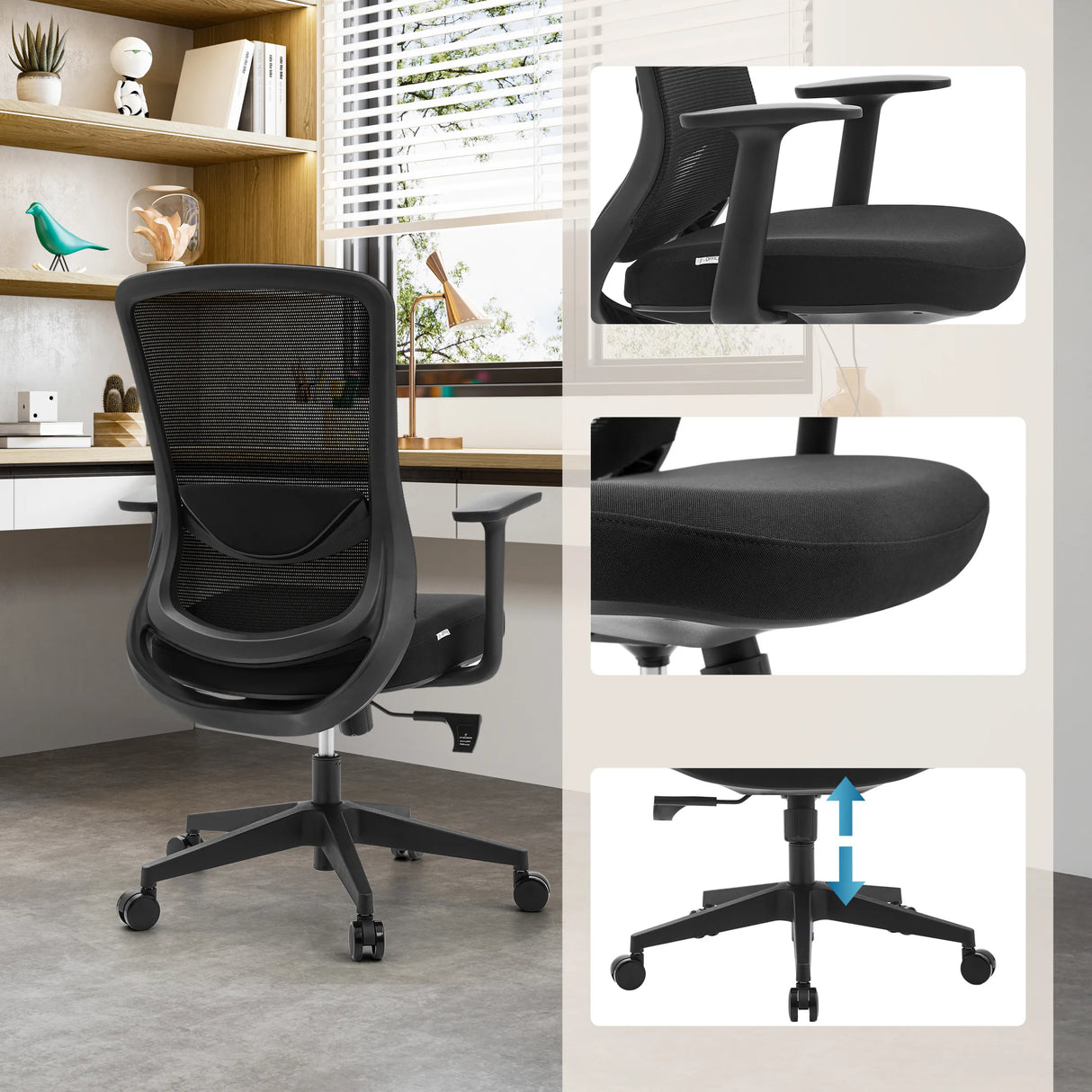 Schwarzer Homeoffice Bürostuhl Sedito mit verstellbaren Armlehnen und Gasfeder von hjh OFFICE