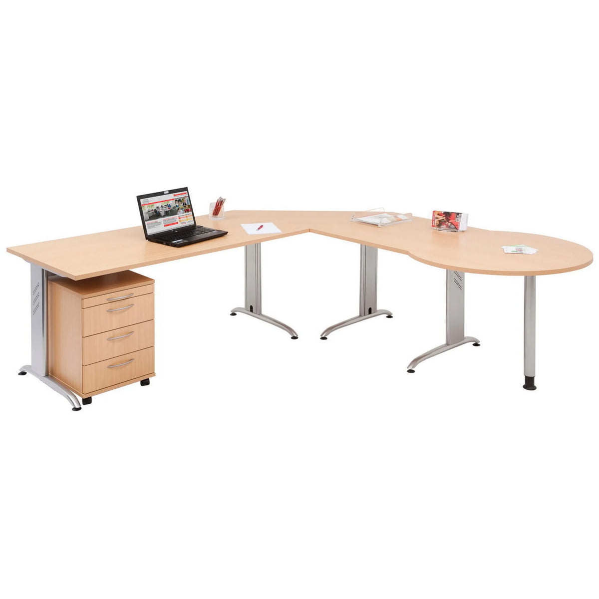 L-förmiger Schreibtisch BELA 2E S in Asteiche mit integriertem Rollcontainer von hjh OFFICE PRO