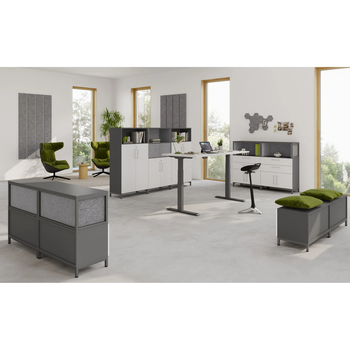 Moderner Büroeinrichtungs-Set FlexWall mit höhenverstellbarem Schreibtisch und Schränken in Graphit von hjh OFFICE PRO