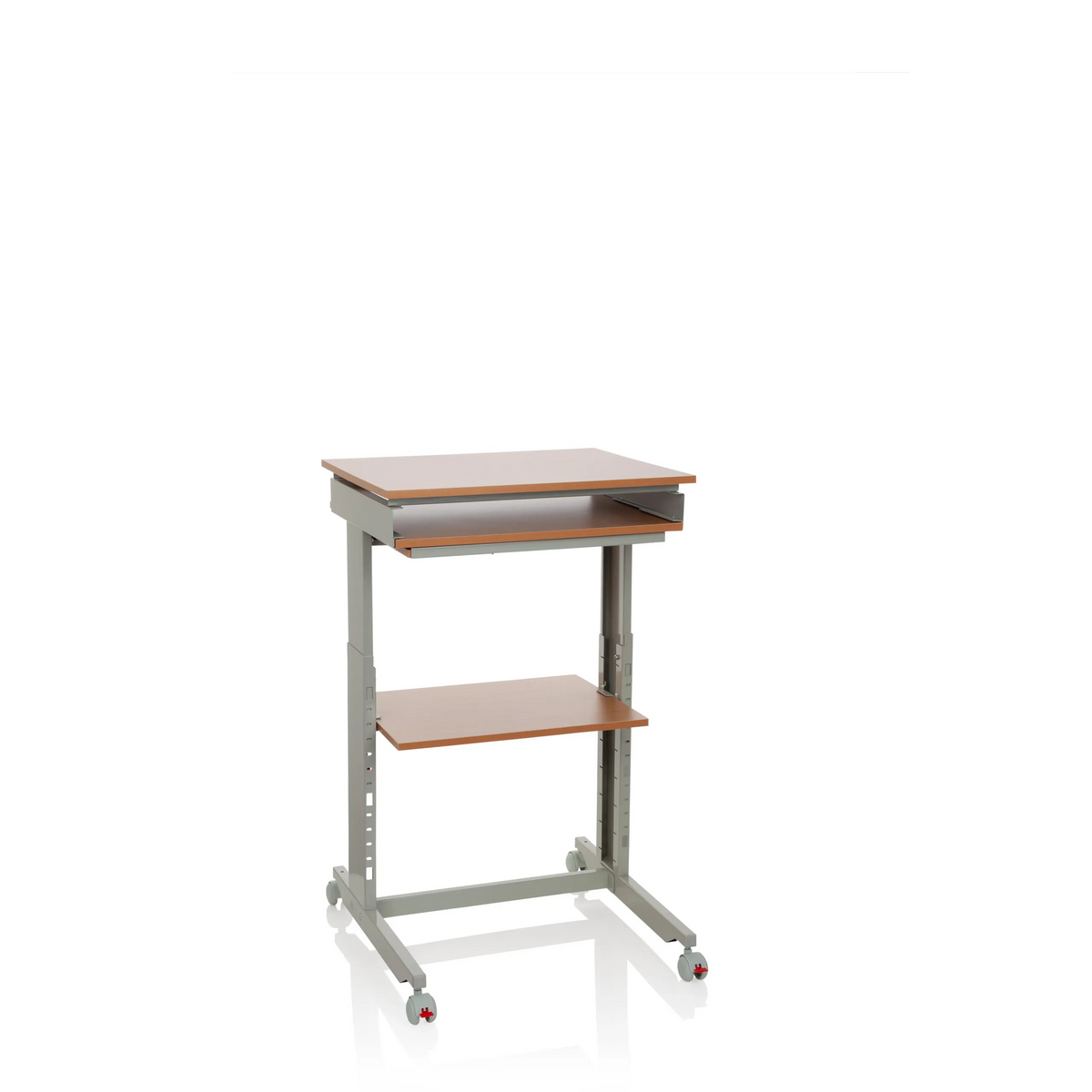 Grauer Stehschreibtisch WORKSTATION in Buche mit Ablagefläche und vier Rollen von hjh OFFICE – 360-Grad-Ansicht (Frontansicht 20°)