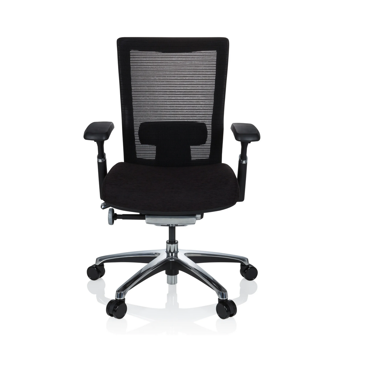 Schwarzer High-End-Bürostuhl NOVA PRO ALU mit Netzrücken und Fußkreuz mit fünf Rollen von hjh OFFICE – 360-Grad-Ansicht (Frontansicht 0°)