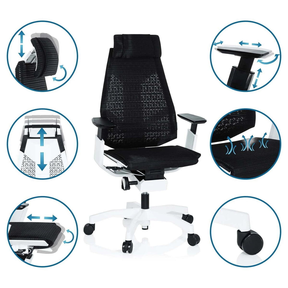 High-End-Bürostuhl GENIDIA PRO WHITE in Schwarz mit verschiedenen Verstellmöglichkeiten und Detailansichten von hjh OFFICE