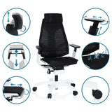 High-End-Bürostuhl GENIDIA PRO WHITE in Schwarz mit verschiedenen Verstellmöglichkeiten und Detailansichten von hjh OFFICE