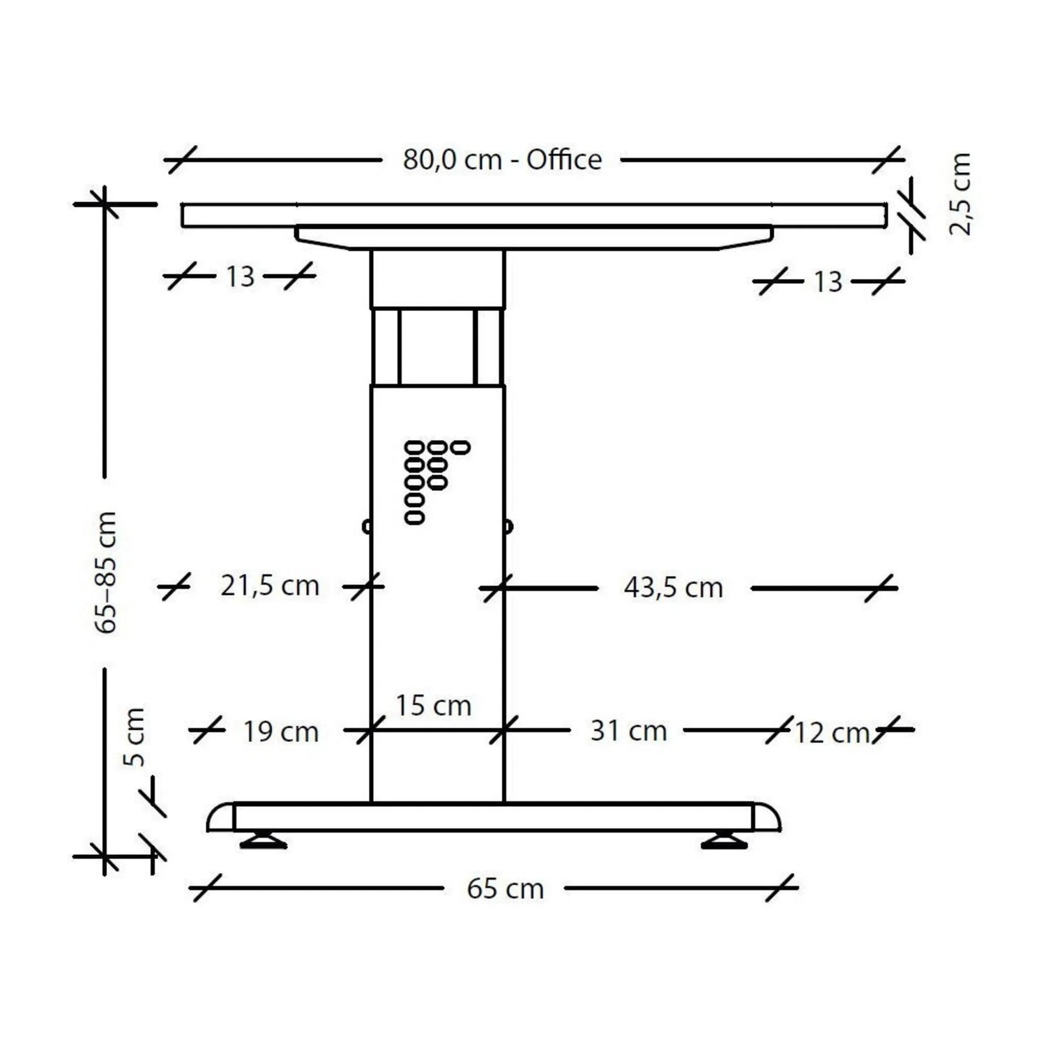 Maßzeichnung des höhenverstellbaren Schreibtischs MEGA 19 W mit einer Tischplattenbreite von 80,0 cm von hjh OFFICE PRO