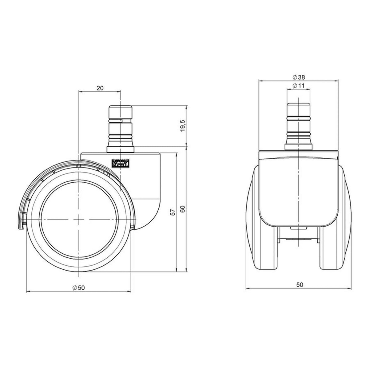 Technische Zeichnung der Stuhlrollen 5x ROLO COLOR 60 11mm/60mm mit einem Durchmesser von 50 mm von hjh OFFICE