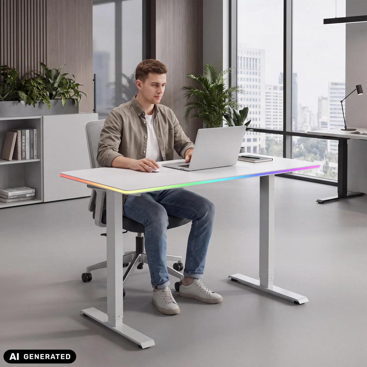 Elektrisch höhenverstellbarer Schreibtisch Worktime LED in Weiß mit integrierter RGB-Beleuchtung an der Kante von hjh OFFICE