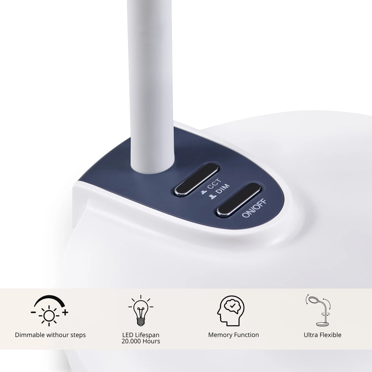 Bedienelemente für Helligkeit, Farbtemperatur und Ein-/Ausschalter der Schreibtischlampe Lumanova D5 von hjh OFFICE