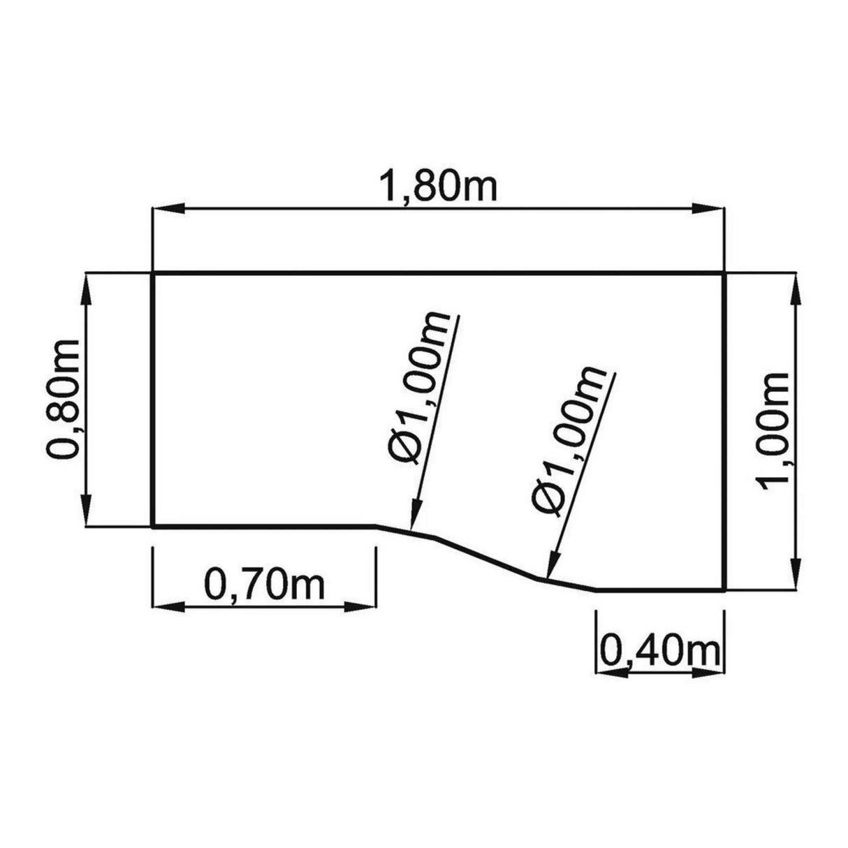 Technische Zeichnung des Schreibtischs UNDA 18 W mit 1,80 x 1,00 m von hjh OFFICE PRO