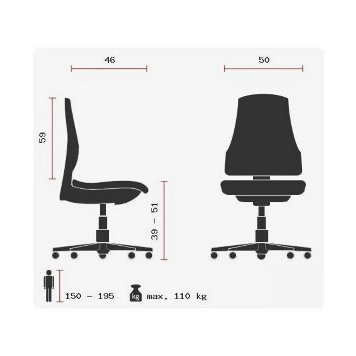 Technische Zeichnung des Profi-Bürostuhls HEAD POINT SY mit einer maximalen Belastbarkeit von 110 kg von Topstar