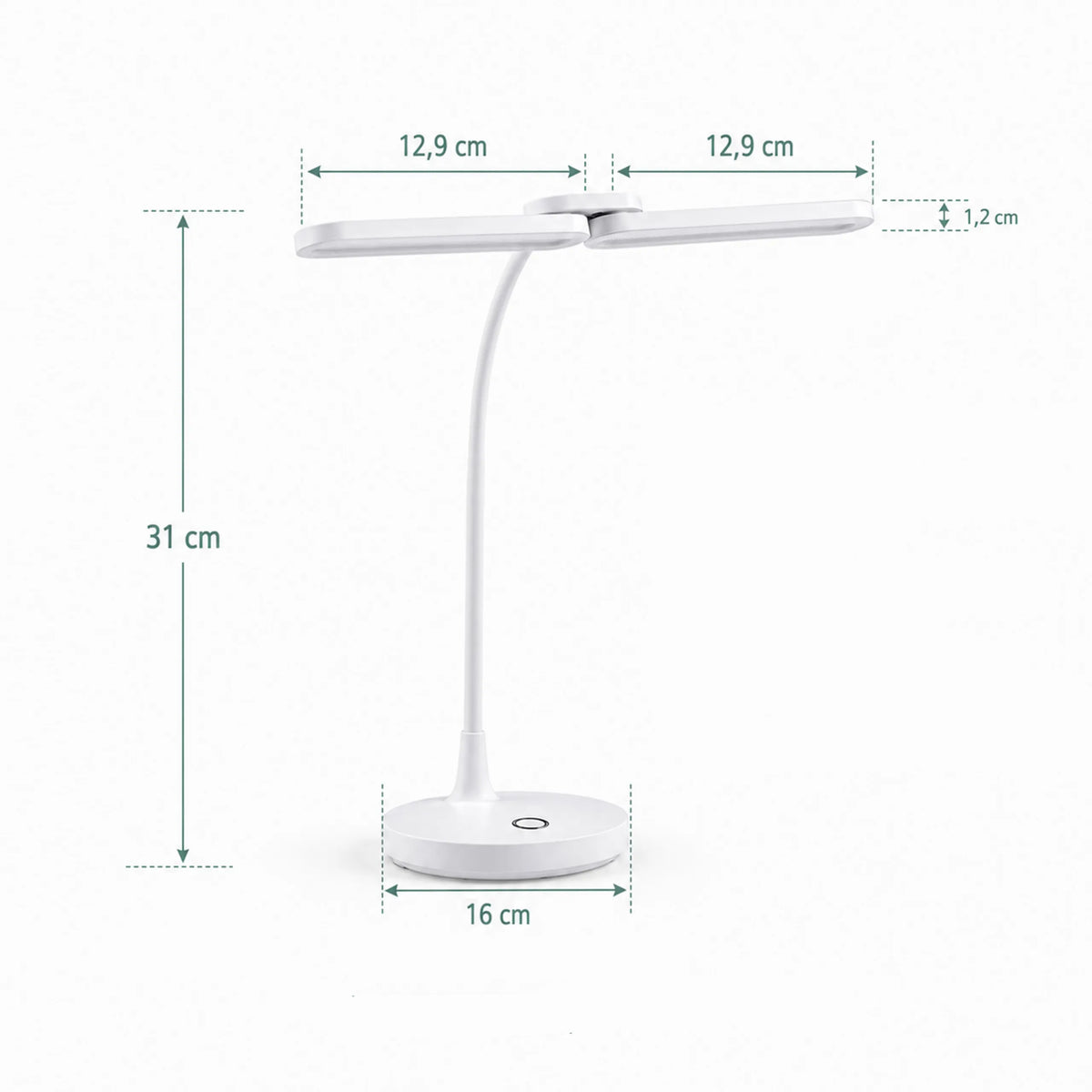 Maßzeichnung der Schreibtischlampe Lumanova D6 mit einer Höhe von 31 cm und einem Fuß von 16 cm von hjh OFFICE