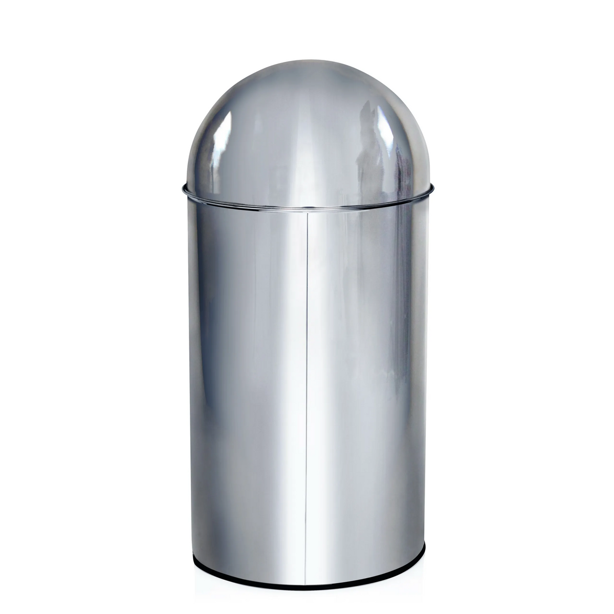 Chromfarbener Mülleimer PUSH 50L mit Push-Deckel und zylindrischem Korpus von hjh OFFICE – 360-Grad-Ansicht (schräge Rückenansicht 240°)