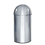 Chromfarbener Mülleimer PUSH 50L mit Push-Deckel und zylindrischem Korpus von hjh OFFICE – 360-Grad-Ansicht (schräge Rückenansicht 240°)