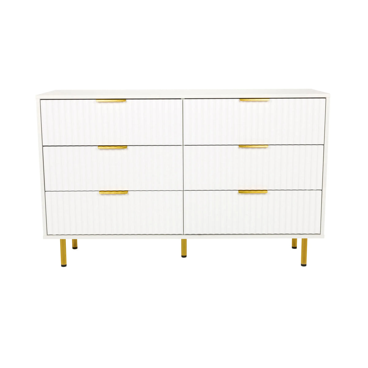 Weißes Sideboard HJELLE mit sechs Schubladen, geriffelten Fronten und goldenen Beinen von hjh LIVING – 360-Grad-Ansicht (Frontansicht 0°)
