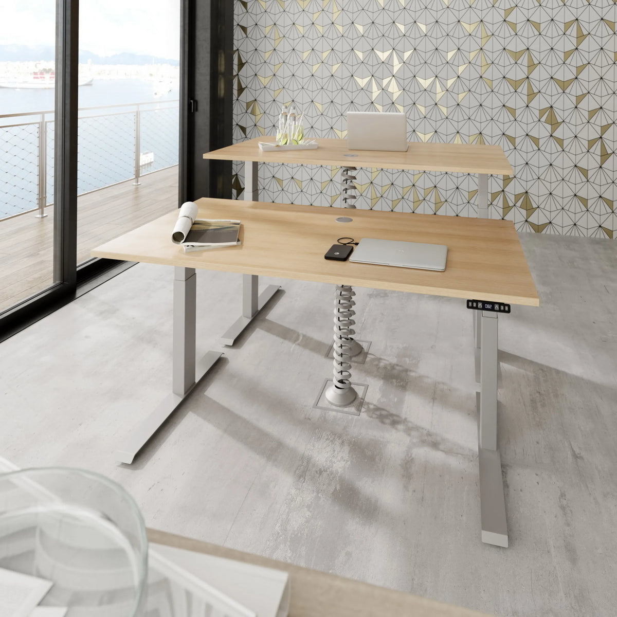 Elektrisch höhenverstellbarer Schreibtisch XDKB 19 S in Asteiche mit Bedienfeld von hjh OFFICE PRO