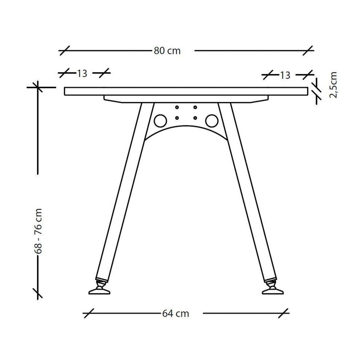 Maßzeichnung des Schreibtischs ATOS 19 S mit einer Tiefe von 80 cm und Höhe von 68 bis 76 cm von hjh OFFICE PRO