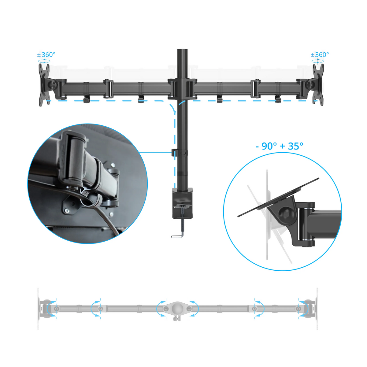 Verstellmöglichkeiten der Monitorhalterung VM-MF2 mit Drehung um 360° und Neigung von -90° bis +35° von hjh OFFICE