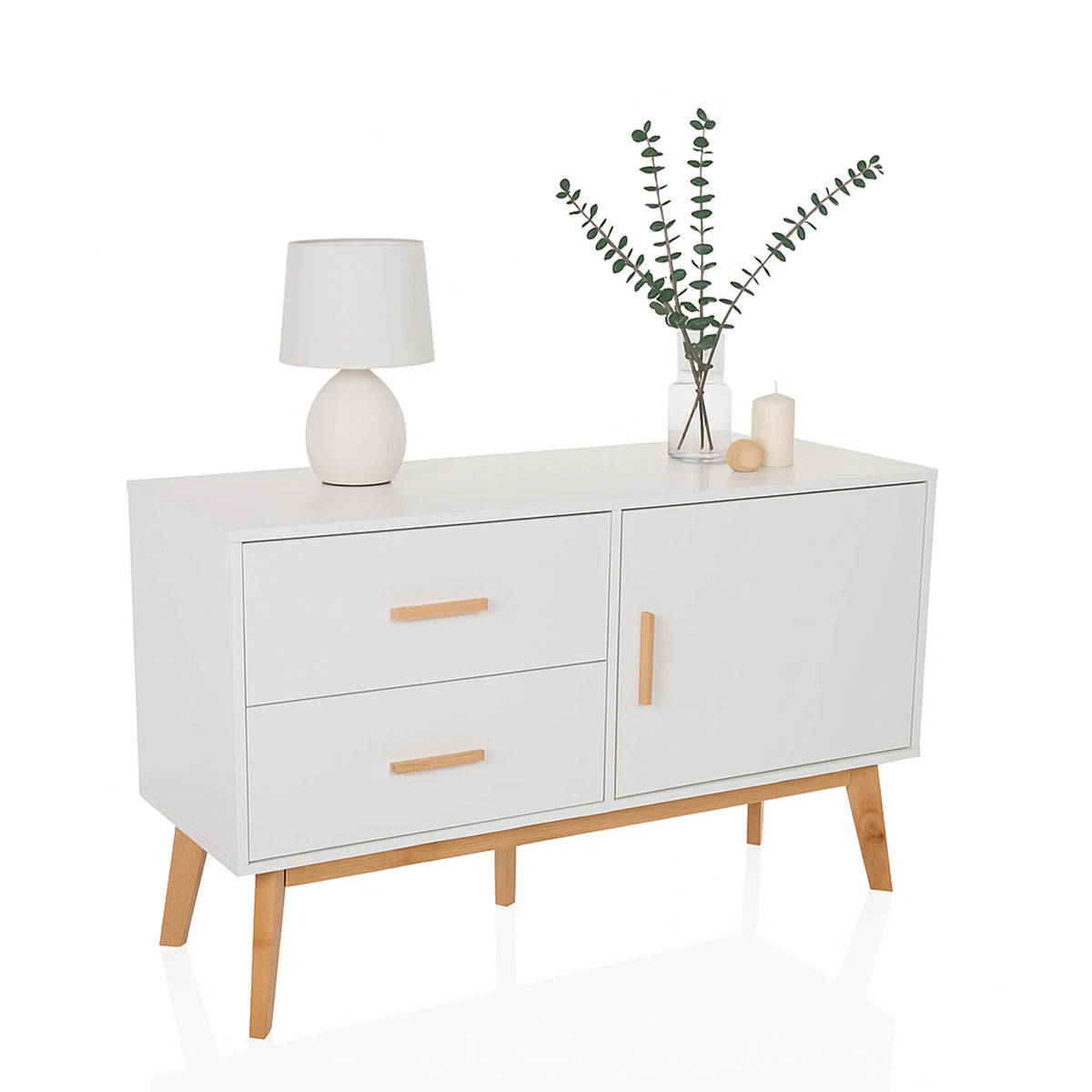Weißes Sideboard TAROLO mit zwei Schubladen, einer Tür und hellen Holzbeinen von hjh LIVING