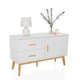 Weißes Sideboard TAROLO mit zwei Schubladen, einer Tür und hellen Holzbeinen von hjh LIVING