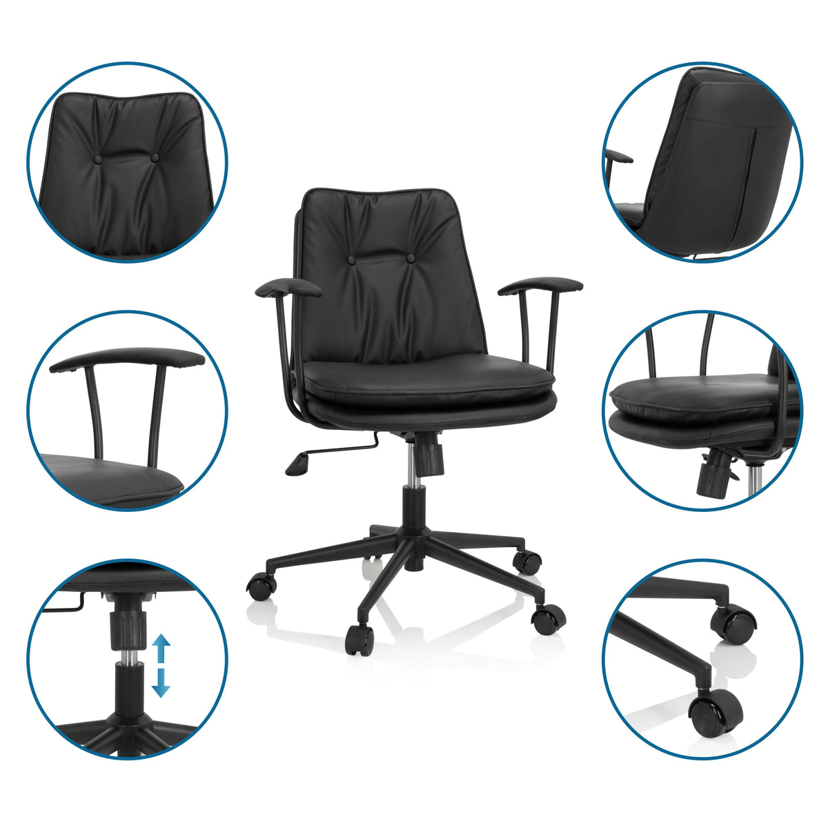 Schwarzer Home-Office-Bürostuhl SMALLO mit Detailansichten von Rückenlehne, Armlehnen und Rollen von hjh OFFICE