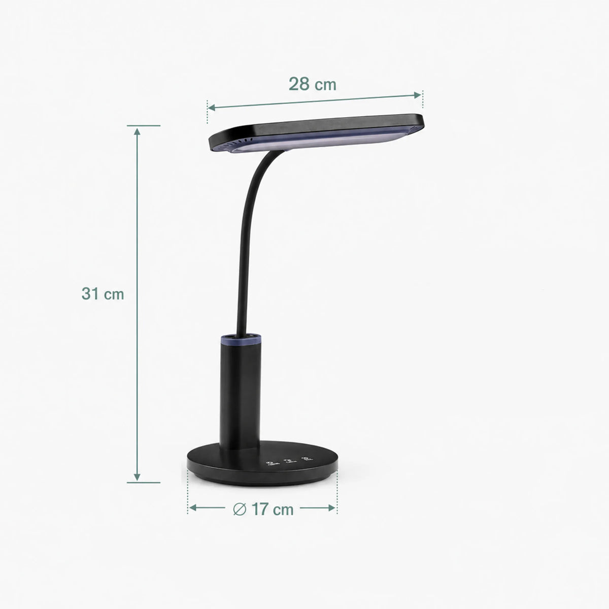 Maßzeichnung der Schreibtischlampe Lumanova D4 mit einer Höhe von 31 cm und einer Breite von 28 cm von hjh OFFICE