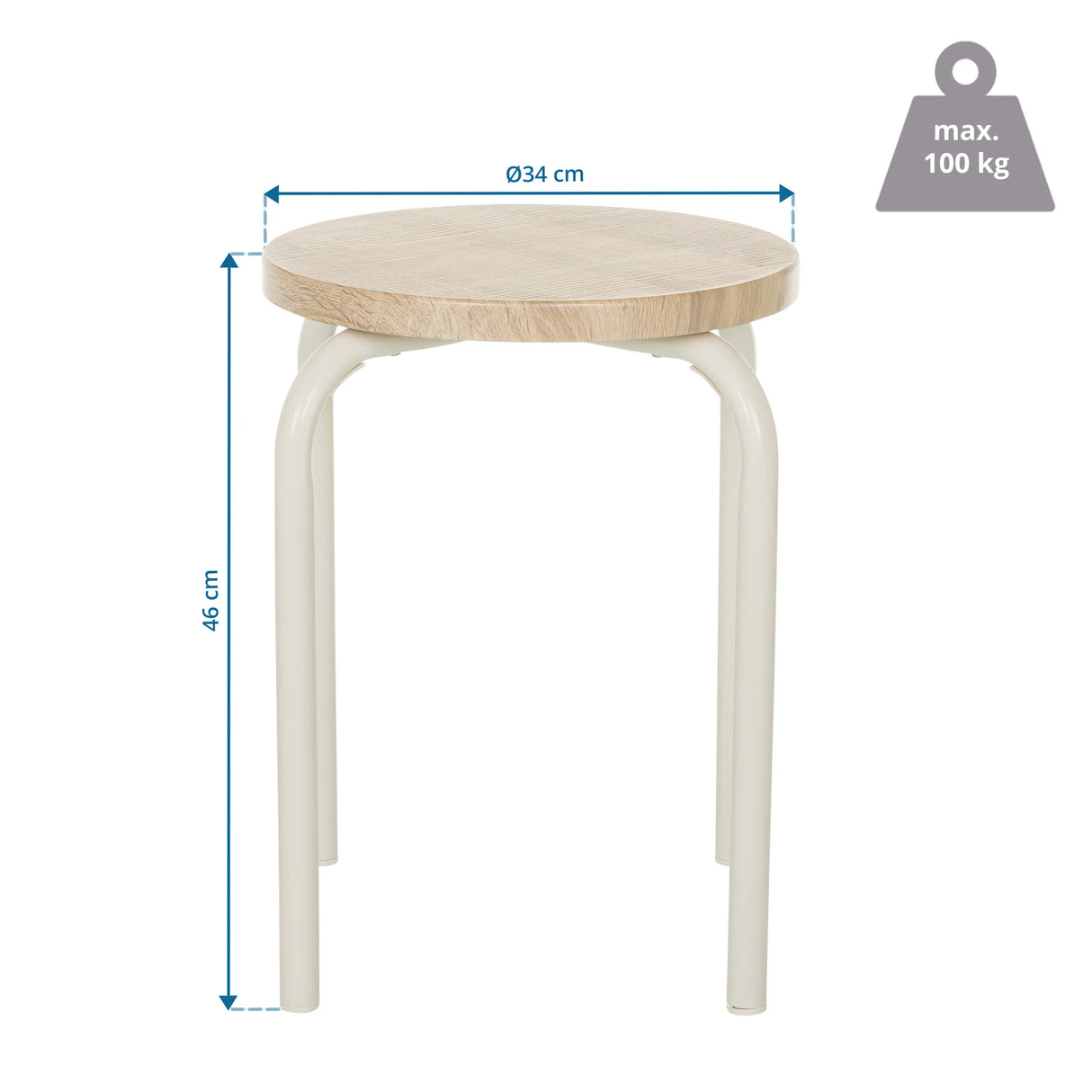 Maßansicht des Sitzhockers ALRANDA mit einem Durchmesser von 34 cm und einer Höhe von 46 cm von hjh LIVING