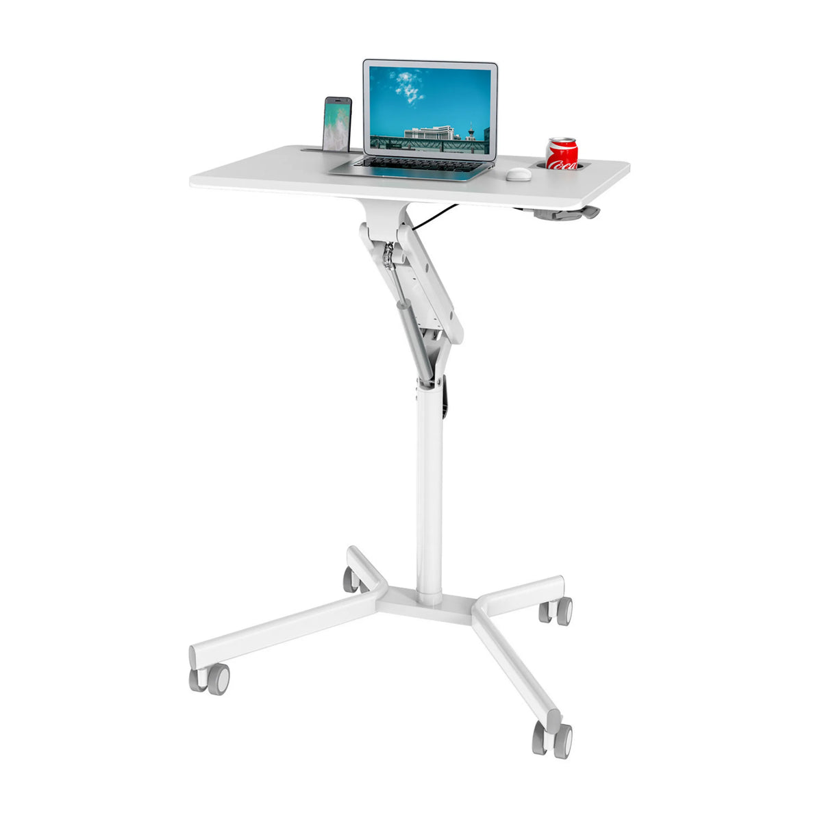 Weißer Stehschreibtisch STAND VM-SU I mit höhenverstellbarem Gestell und vier Rollen von hjh OFFICE