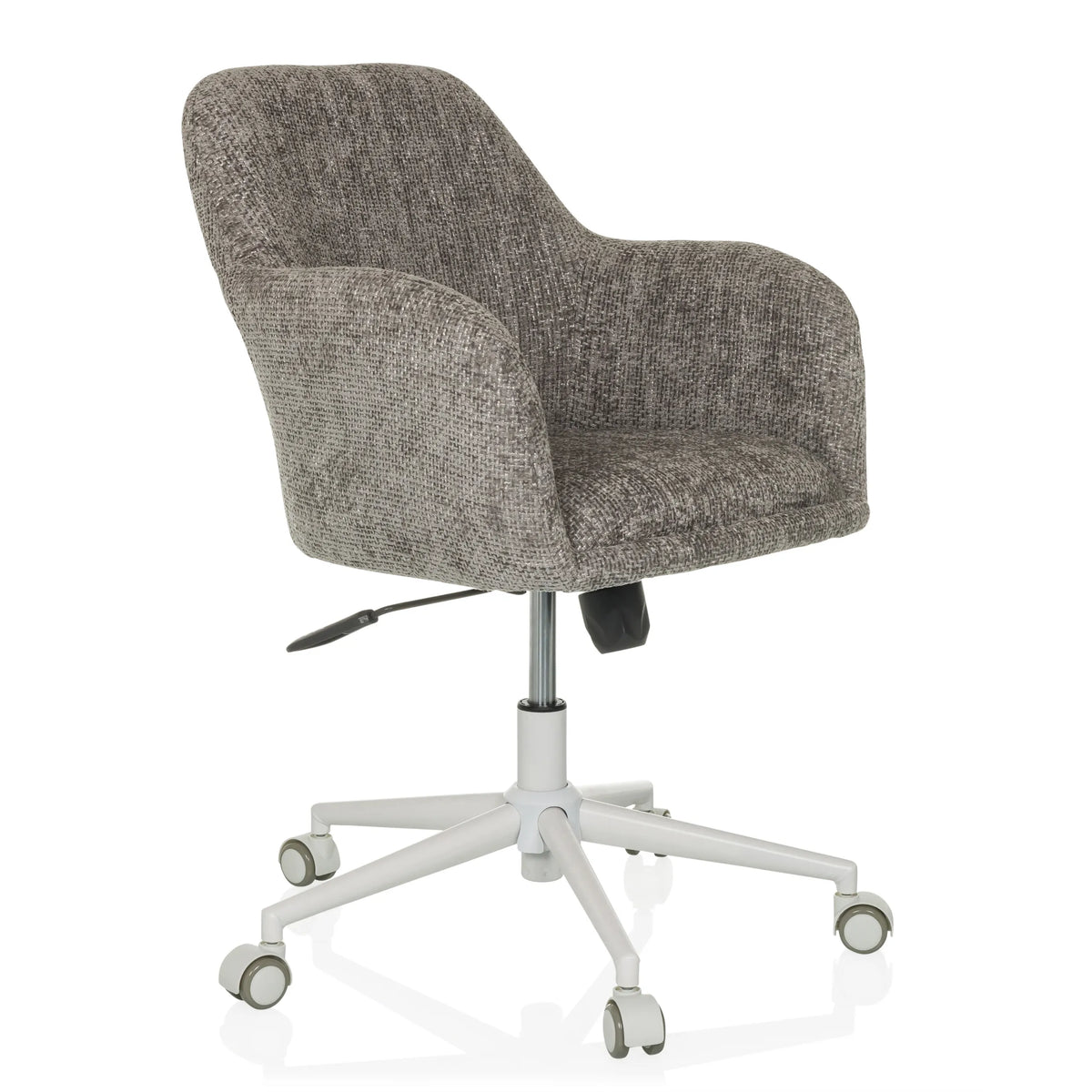 Grauer Homeoffice-Bürostuhl SOLAO HOME mit Stoffbezug und weißem Fußkreuz mit fünf Rollen von hjh LIVING – 360-Grad-Ansicht (schräge Frontansicht 45°)