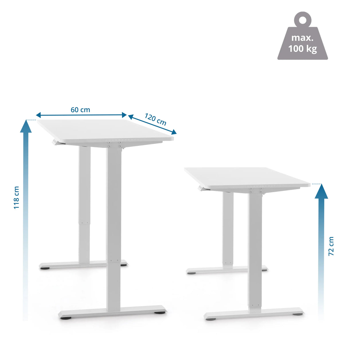 Maßzeichnung des elektrisch höhenverstellbaren Schreibtischs Worktime Kid mit 120 × 60 cm von hjh OFFICE