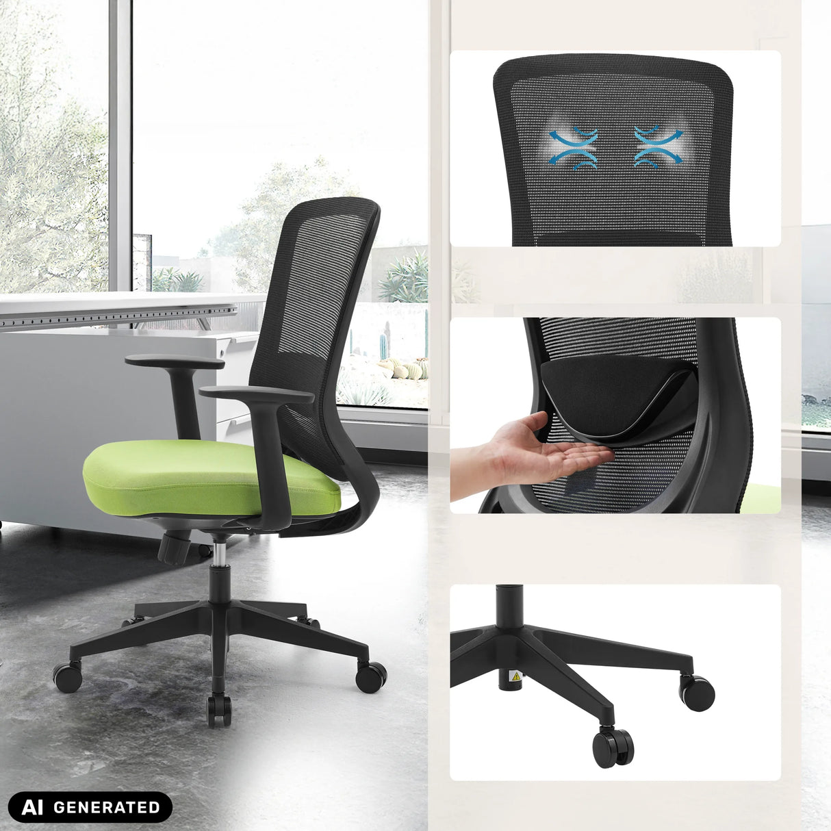 Homeoffice-Bürostuhl Sedito in Schwarz-Grün mit Netzrücken und Lordosenstütze von hjh OFFICE (KI-generiertes Bild)