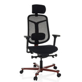 Schwarzer High-End-Bürostuhl BICOLORE HIGH mit Netzrücken, Kopfstütze und rotem Fußkreuz mit fünf Rollen von hjh OFFICE – 360-Grad-Ansicht (Frontansicht 15°)