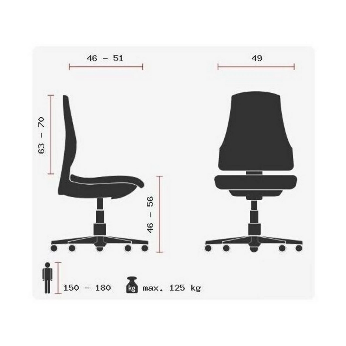 Technische Zeichnung des High-End-Bürostuhls ZERO 53 mit einer Belastbarkeit bis 125 kg von Sitwell Steifensand
