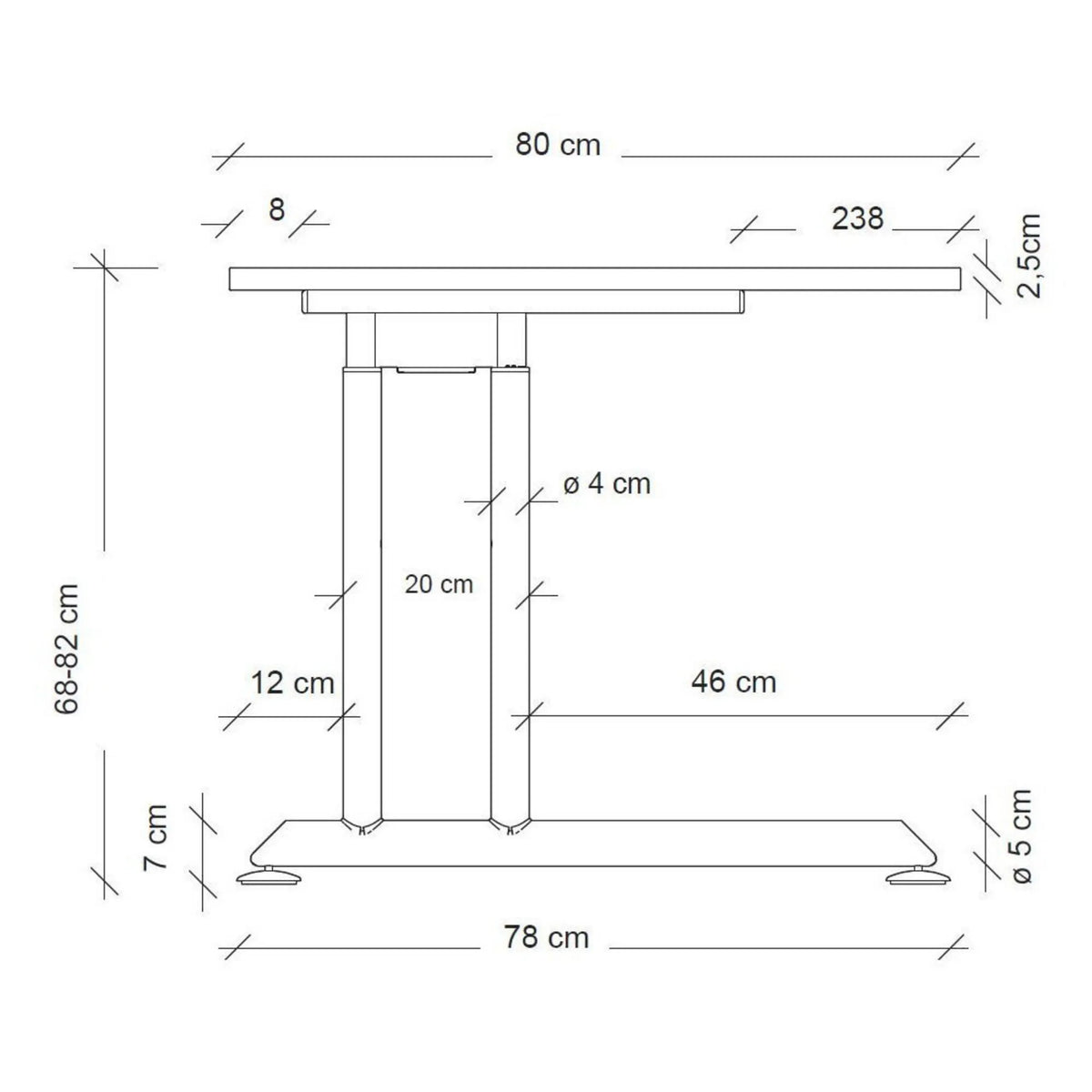 Maßzeichnung des höhenverstellbaren Schreibtischs ZENO 16 S mit einer Tischplatte von 80 cm Tiefe von hjh OFFICE PRO