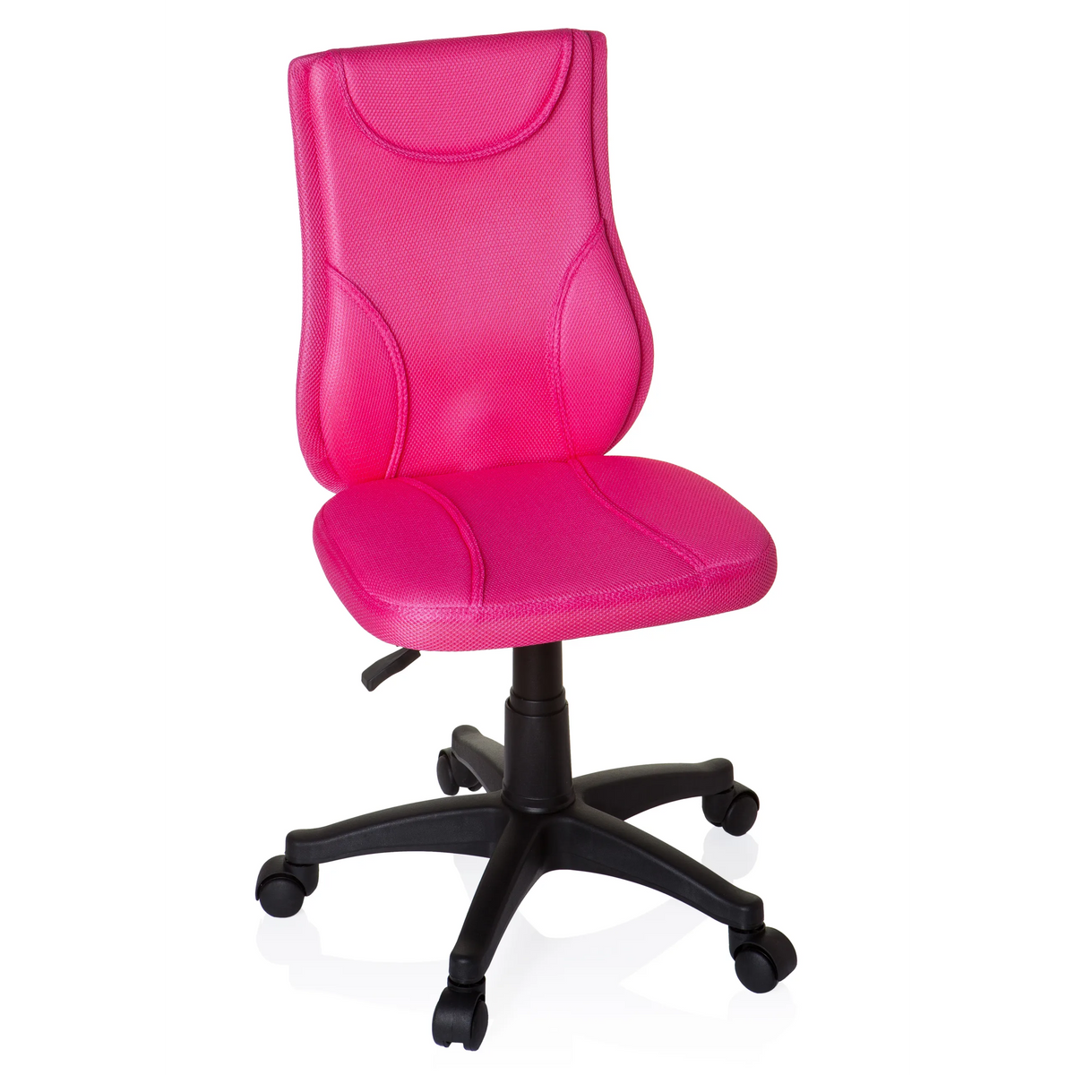 Pinker Kinderdrehstuhl KIDDY BASE mit Netzrücken und schwarzem Fußkreuz mit fünf Rollen von hjh OFFICE – 360-Grad-Ansicht (Frontansicht 20°)