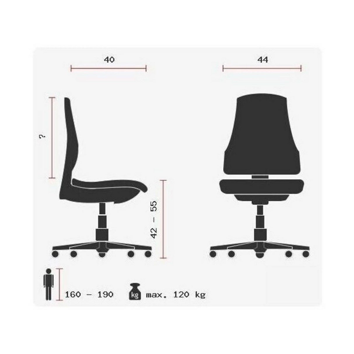 Technische Zeichnung des Drehhockers BALANCE 20 mit einer Sitzhöhe von 42–55 cm von Topstar