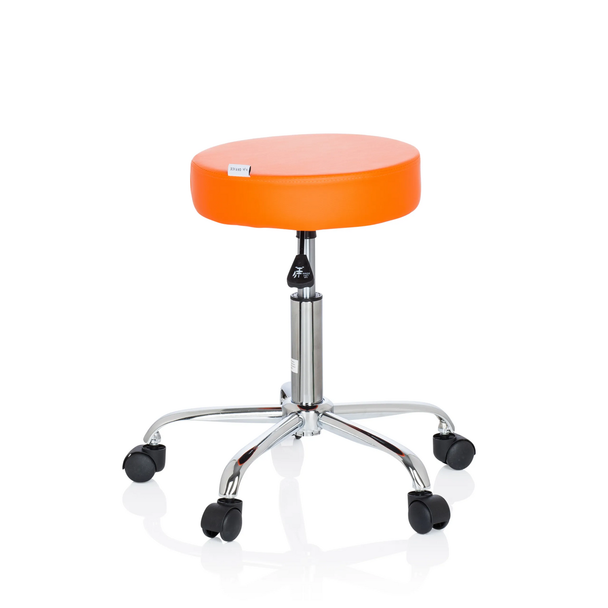 Oranger Drehhocker OPERATOR II mit Gasfeder und Fußkreuz mit fünf Rollen von hjh OFFICE – 360-Grad-Ansicht (Seitenprofil 80°)