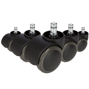Fünf schwarze Stuhlrollen 5x ROLO 11mm/50mm für Hartböden mit silberfarbenen Bolzen von hjh OFFICE