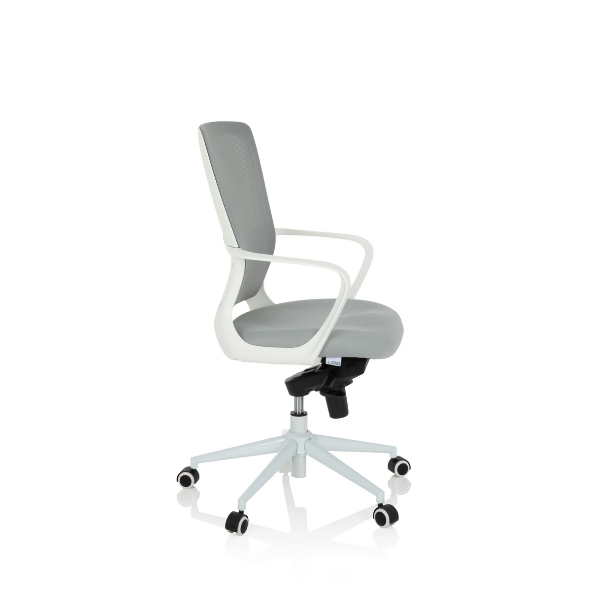 Grauer Homeoffice-Bürostuhl ESTRIA mit Netzrücken und Fußkreuz mit fünf Rollen von hjh OFFICE – 360-Grad-Ansicht (Seitenprofil 80°)