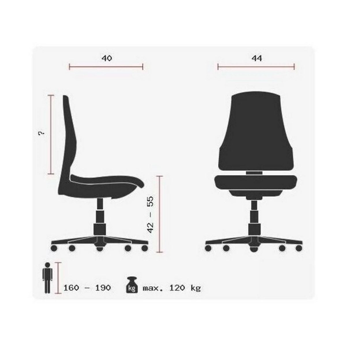 Technische Zeichnung des Drehhockers BALANCE 20 mit einer Sitzhöhe von 42–55 cm von Topstar