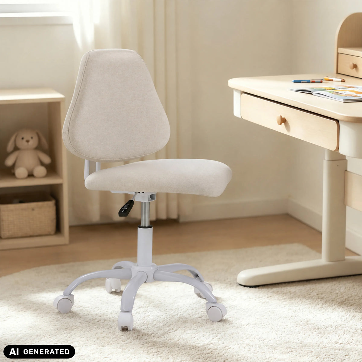 Beiger Kinderdrehstuhl Lumikid mit Rollen und Gasdruckfeder von hjh OFFICE (KI-generiertes Bild)