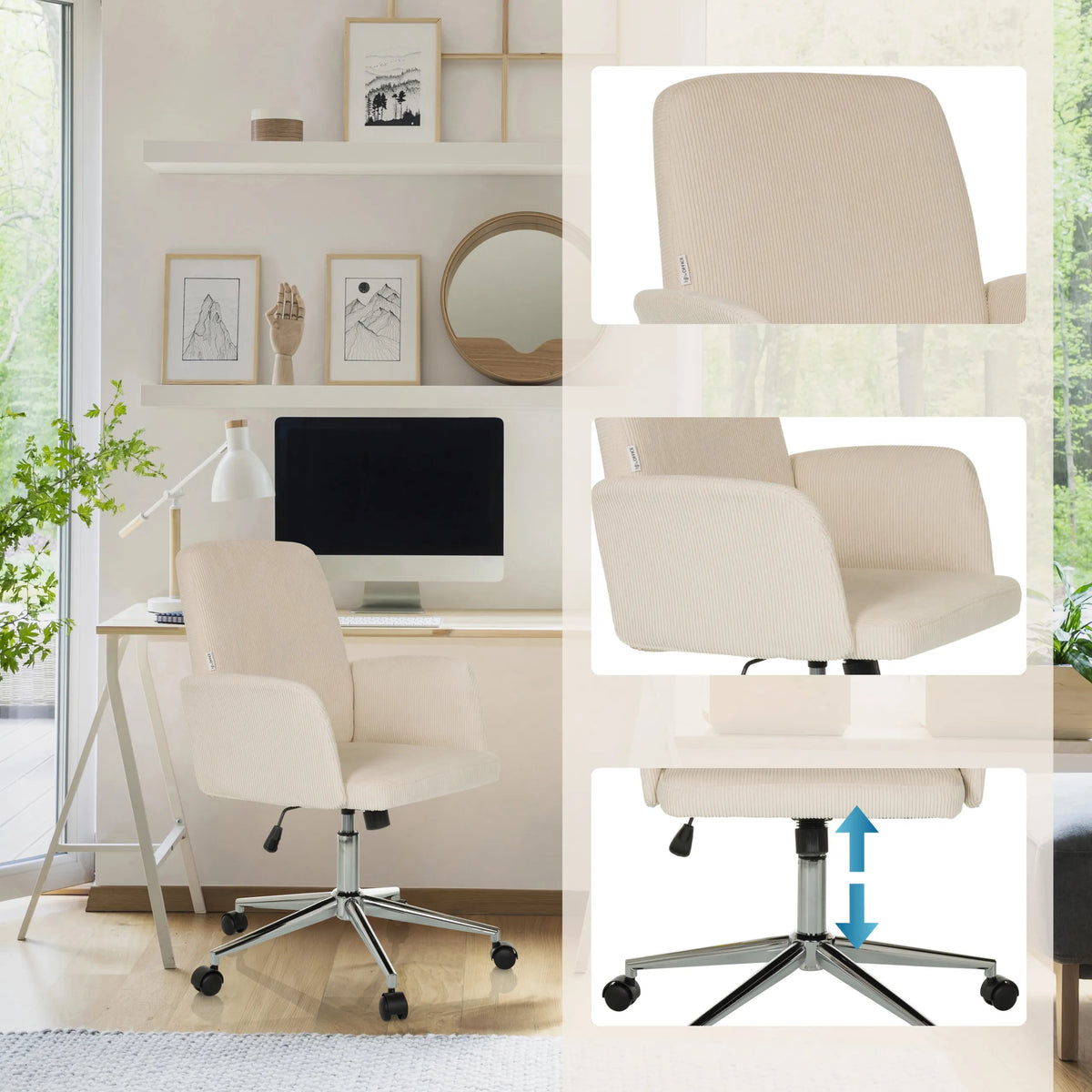 Beiger Homeoffice-Bürostuhl SOLAO CORD mit höhenverstellbarem Fußkreuz und Armlehnen von hjh OFFICE