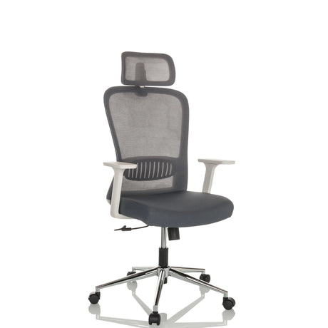 Homeoffice-Bürostuhl BELAIA W mit grauem Netzbezug, Kopfstütze und weiß-grauen Armlehnen von hjh OFFICE