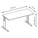 Maßzeichnung des höhenverstellbaren Schreibtischs MEGA 614 W mit den Maßen 1400 x 672 mm von hjh OFFICE PRO