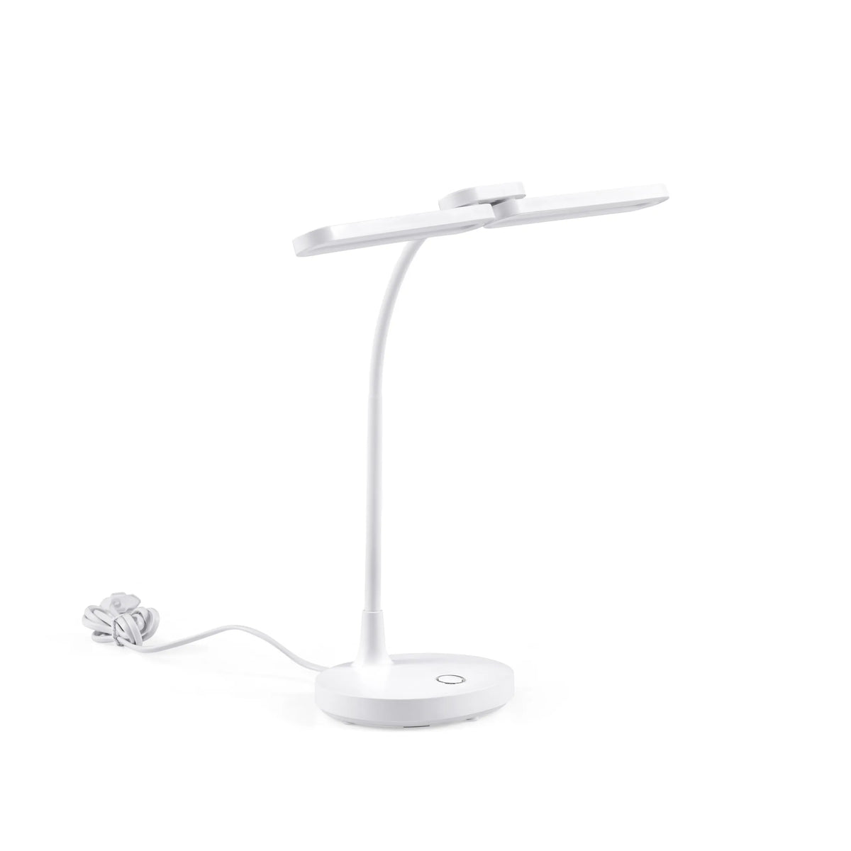 Weiße Schreibtischlampe Lumanova D6 mit rundem Standfuß, flexiblem Hals und flachem Lampenkopf von hjh OFFICE – 360-Grad-Ansicht (Frontansicht 15°)