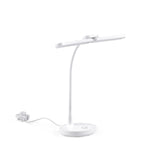 Weiße Schreibtischlampe Lumanova D6 mit rundem Standfuß, flexiblem Hals und flachem Lampenkopf von hjh OFFICE – 360-Grad-Ansicht (Frontansicht 15°)