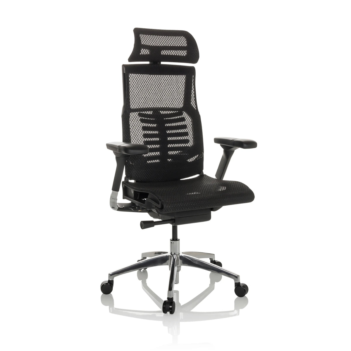 Schwarzer High-End-Bürostuhl POFIT GEN2 mit Netzrücken und Fußkreuz mit fünf Rollen von hjh OFFICE – 360-Grad-Ansicht (schräge Frontansicht 30°)