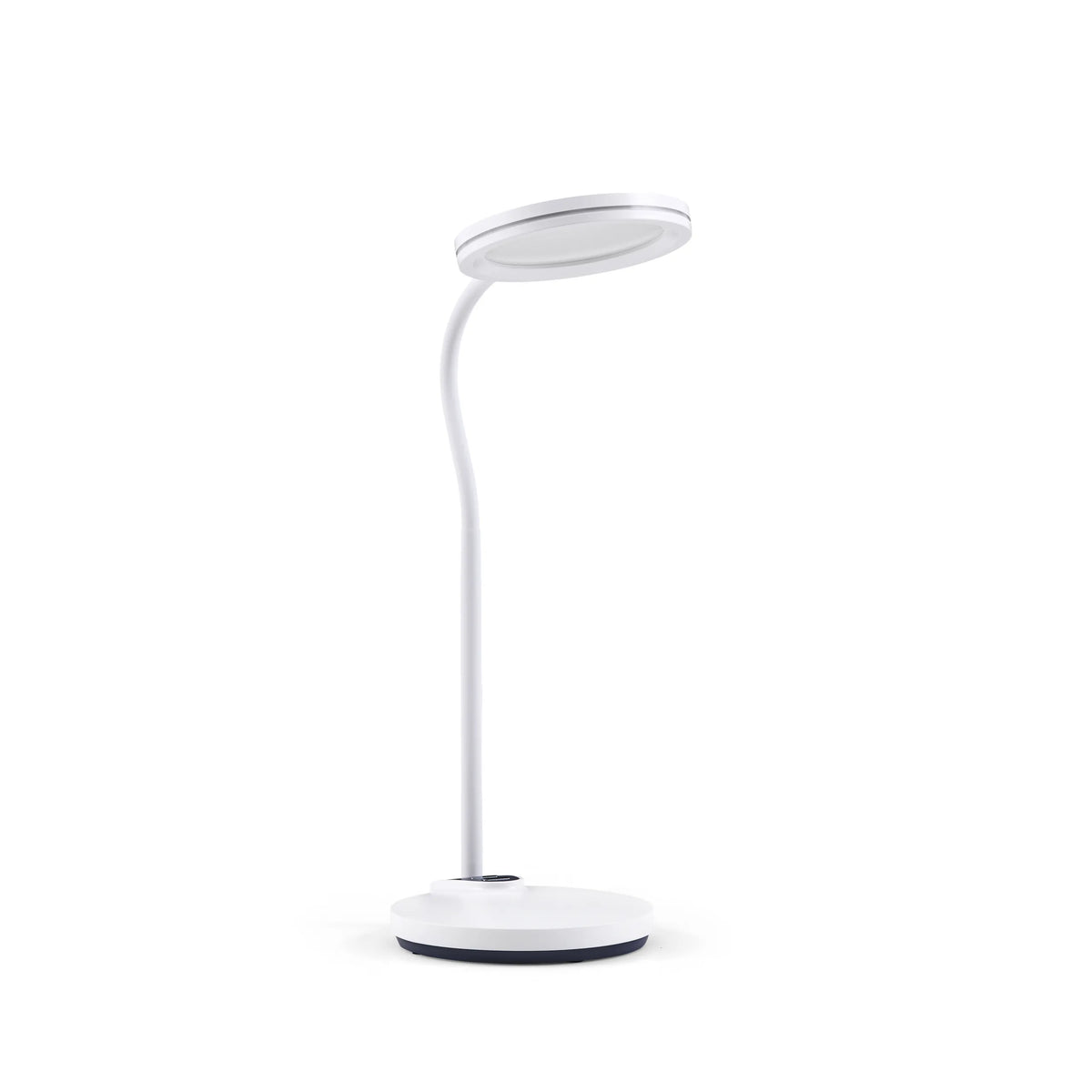Weiße Schreibtischlampe Lumanova D5 mit rundem Fuß und flachem, kreisförmigem Lampenkopf von hjh OFFICE – 360-Grad-Ansicht (Frontansicht 0°)