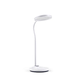 Weiße Schreibtischlampe Lumanova D5 mit rundem Fuß und flachem, kreisförmigem Lampenkopf von hjh OFFICE – 360-Grad-Ansicht (Frontansicht 0°)