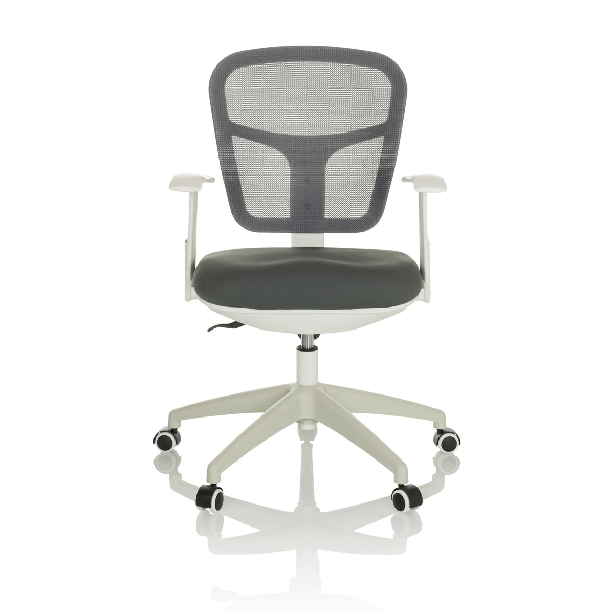 Grauer Homeoffice-Bürostuhl TOP 108 W mit Netzrücken und Fußkreuz mit fünf Rollen von hjh OFFICE – 360-Grad-Ansicht (Frontansicht 0°)