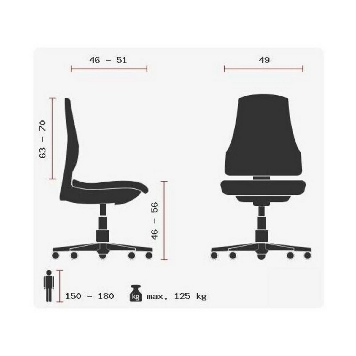 Technische Zeichnung des High-End-Bürostuhls ZERO 53 mit einer Belastbarkeit bis 125 kg von Sitwell Steifensand