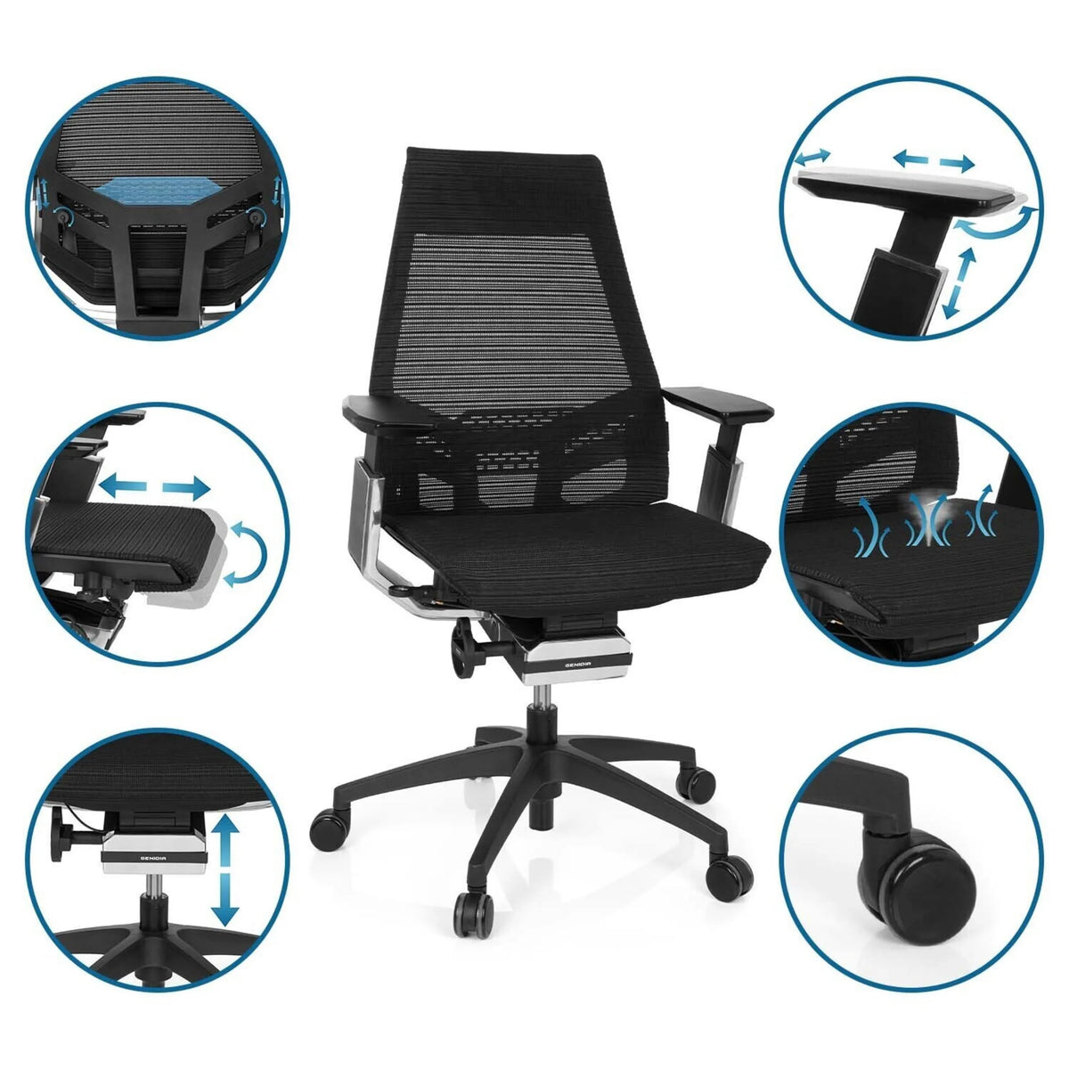 Profi-Bürostuhl GENIDIA SMART BLACK CM in Schwarz mit Netzrücken und verschiedenen Verstellmöglichkeiten von hjh OFFICE